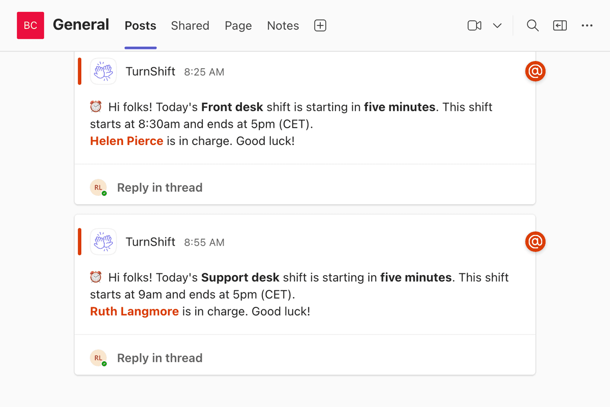 TurnShift in a Microsoft Teams channel: today's Support desk shift starts in five minutes, with Ruth Langmore mentioned