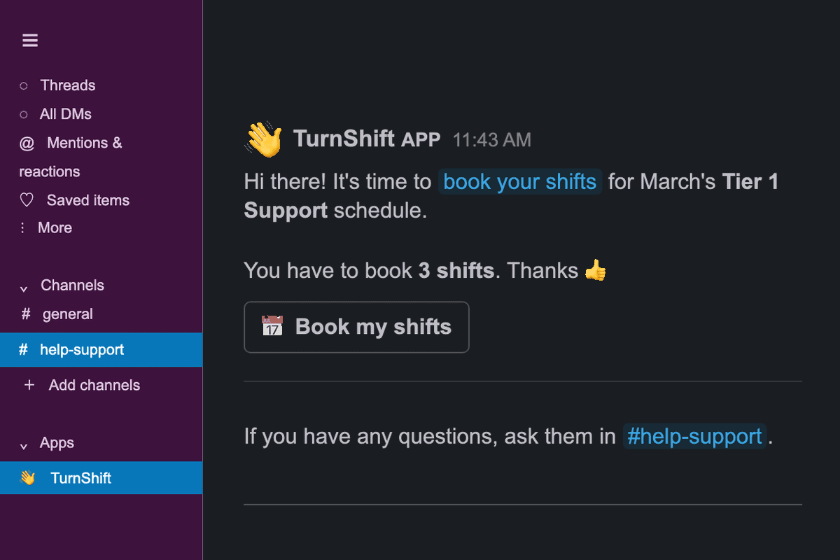 Screenshot of a booking reminder Slack notification sent by the TurnShift Slack application
