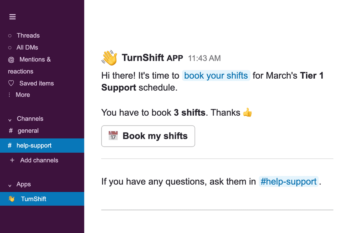 Screenshot of a booking reminder Slack notification sent by the TurnShift Slack application