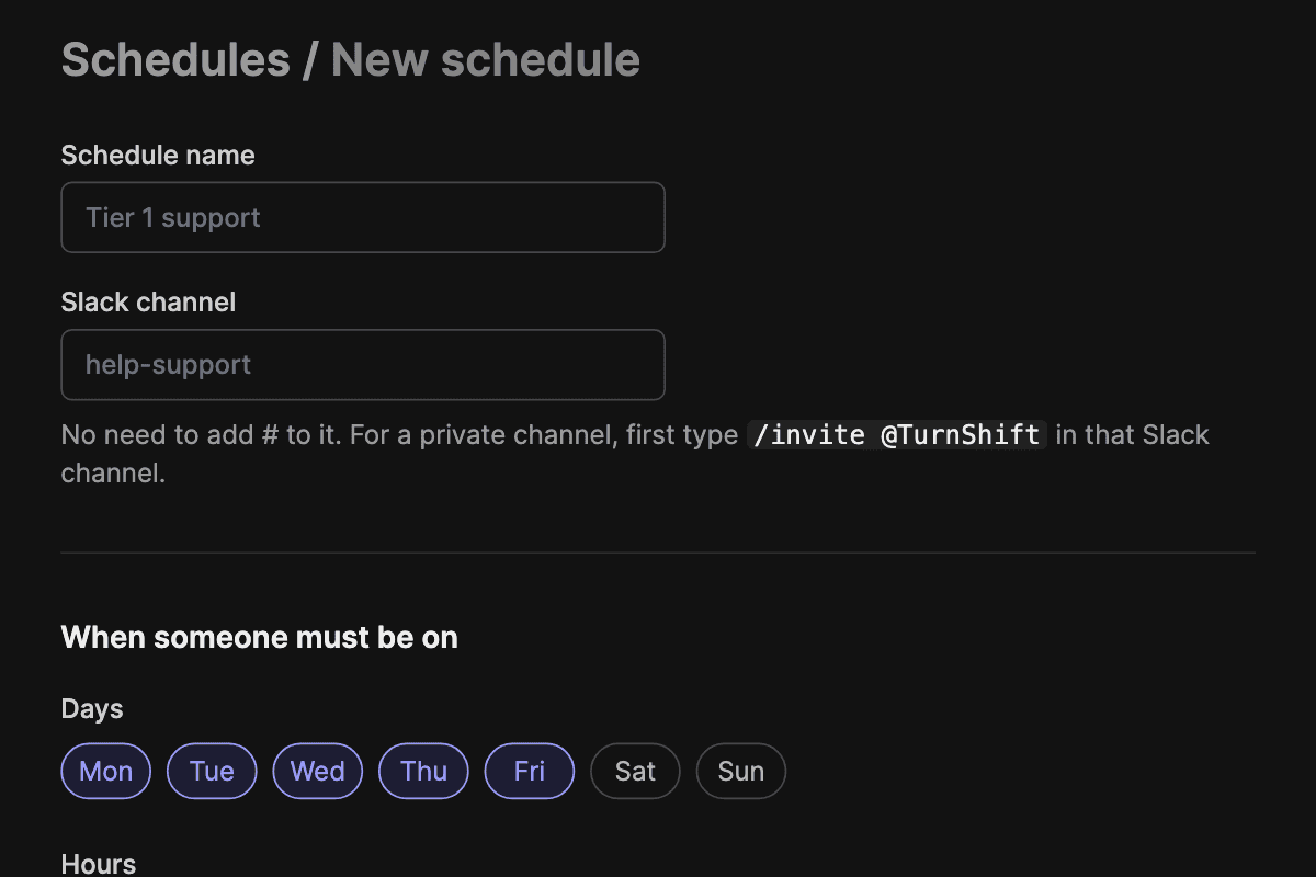 Screenshot of the new schedule page