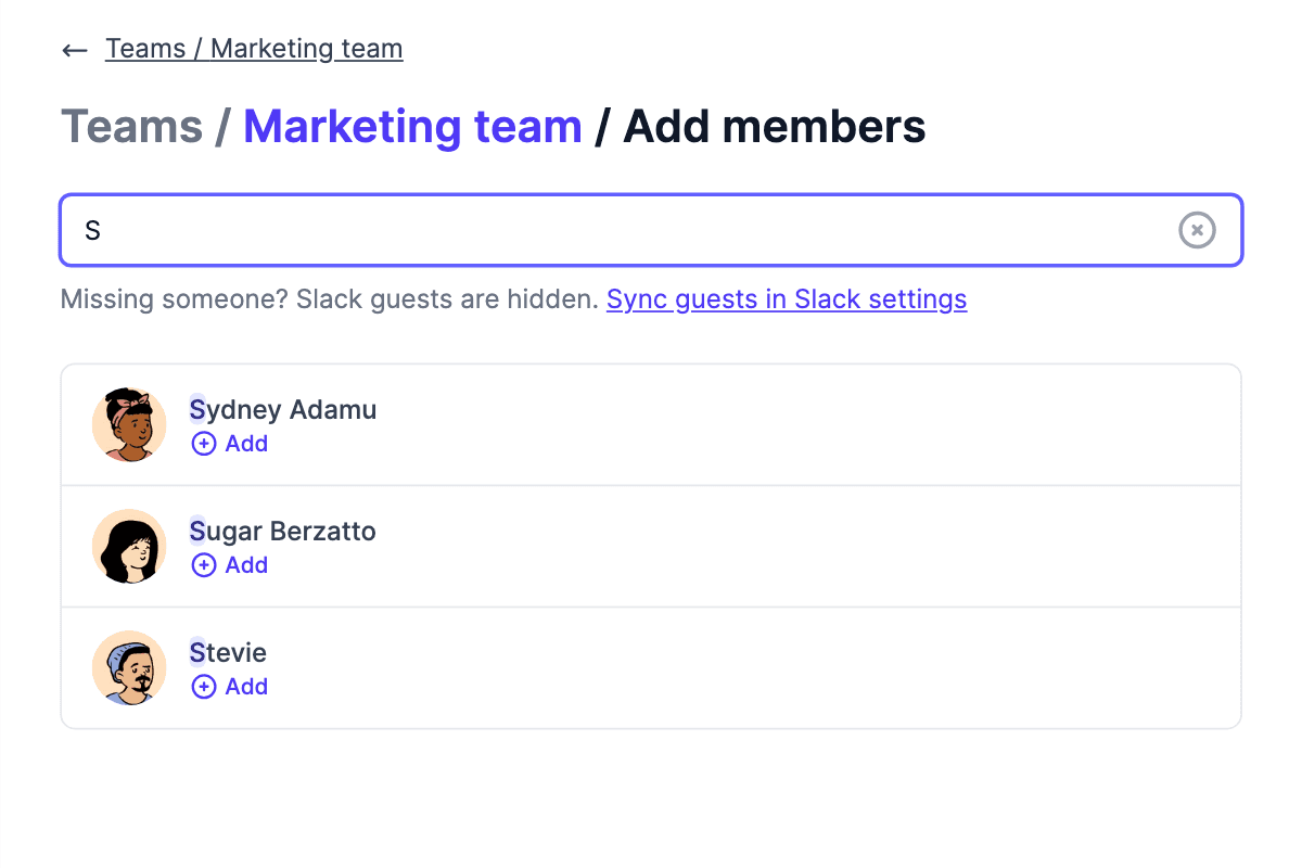 Screenshot of a team and its members
