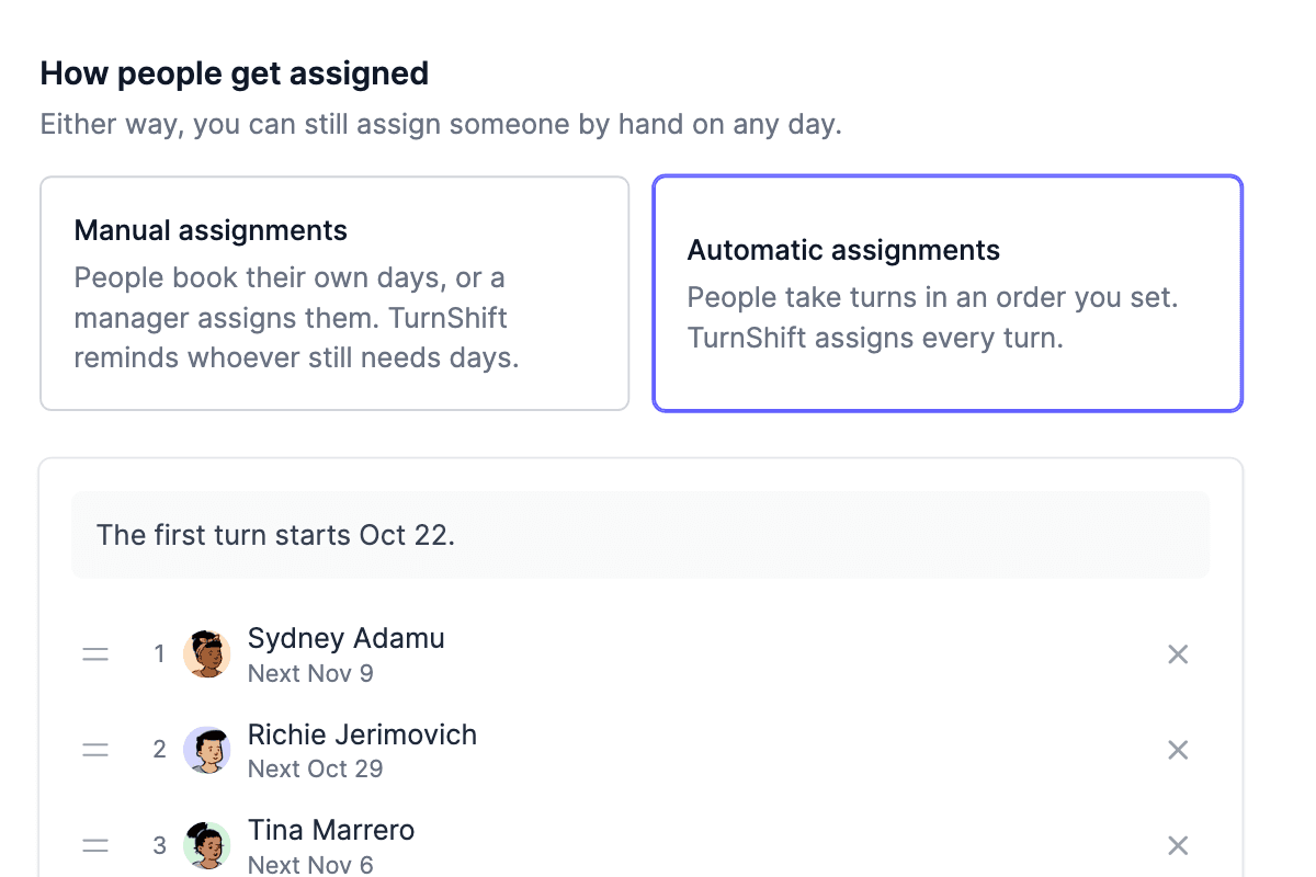 Screenshot of a schedule's People tab: manual or automatic assignments, and four people taking turns in the order a manager dragged