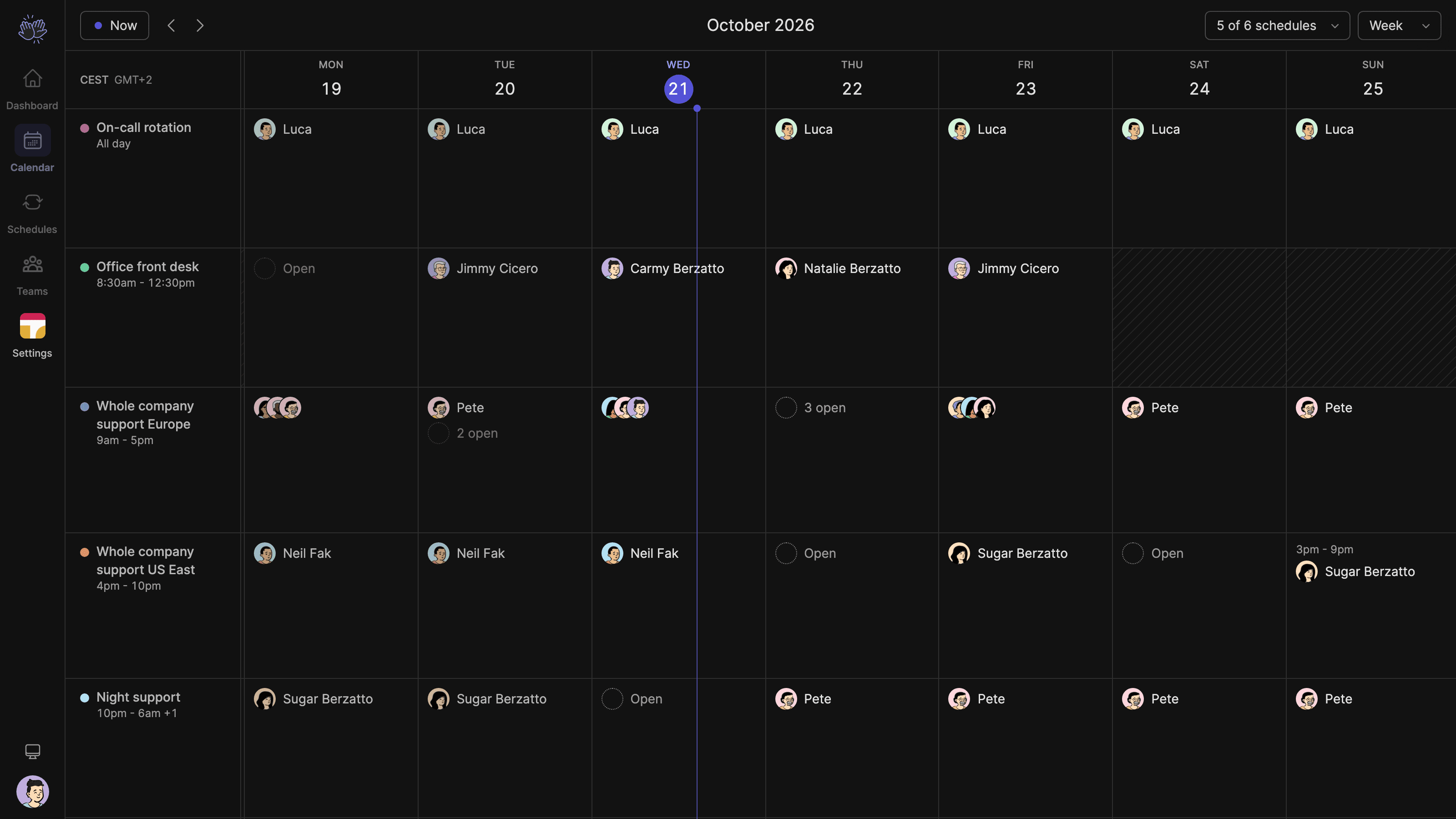 Screenshot of the TurnShift Timeline: a week of schedules, one row each