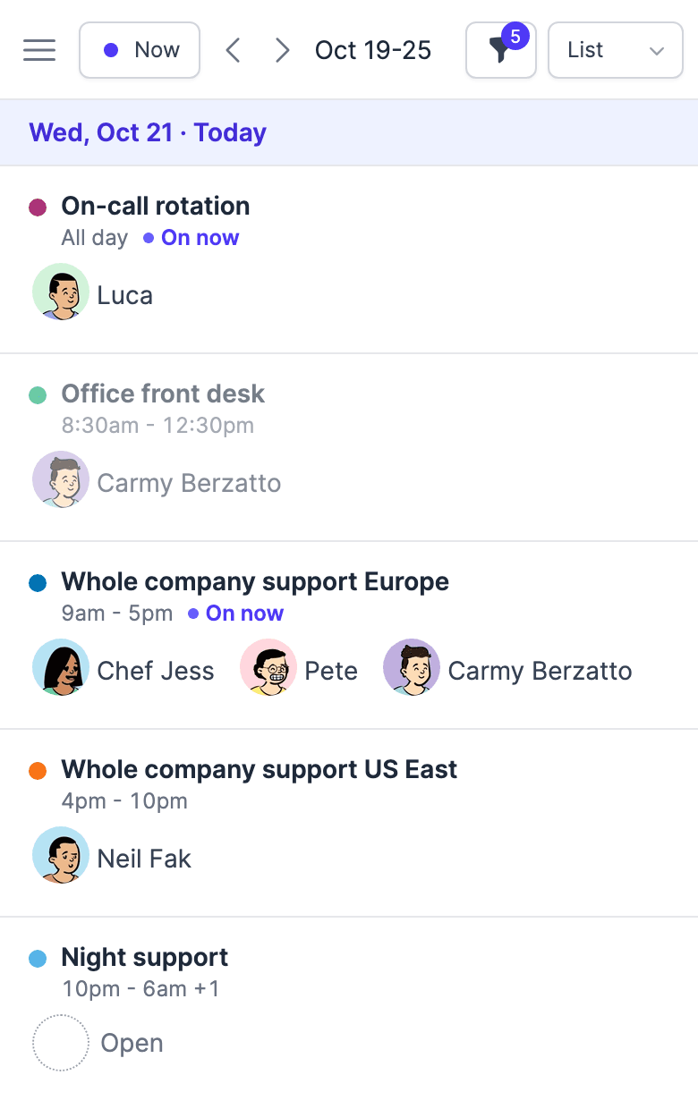 Screenshot of the TurnShift week on a phone: today's schedules and who is on