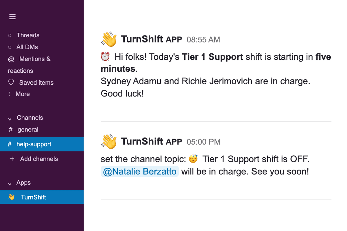 Screenshot of shift start and end messages sent by the TurnShift Slack application
