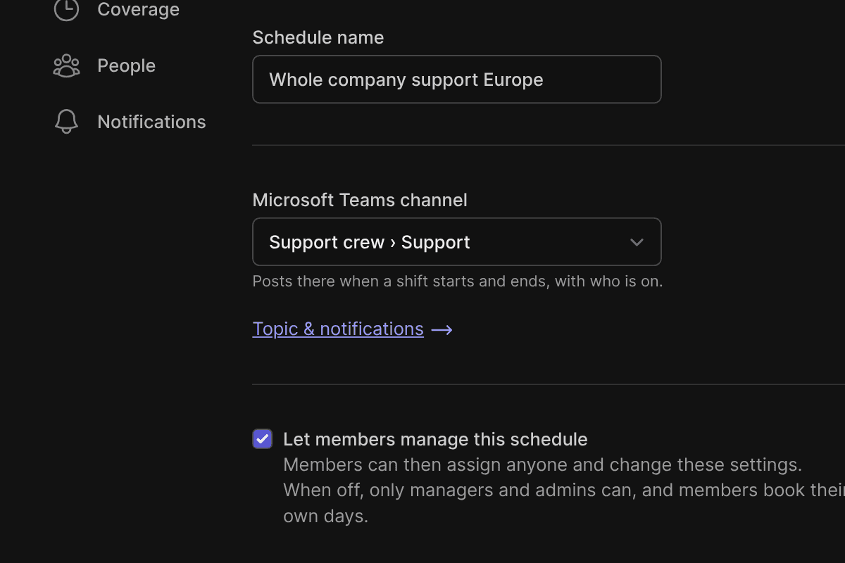 A schedule's settings in TurnShift, its Microsoft Teams channel set to Support crew › Support