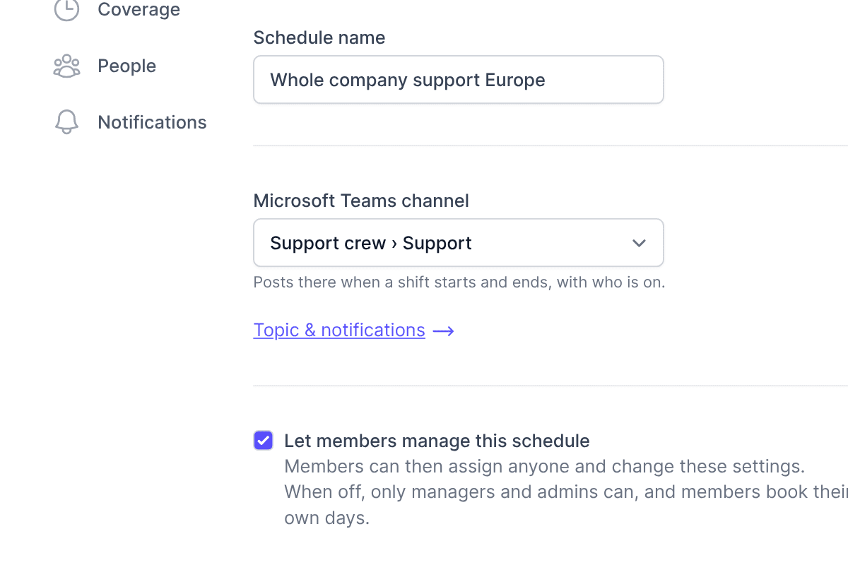 A schedule's settings in TurnShift, its Microsoft Teams channel set to Support crew › Support
