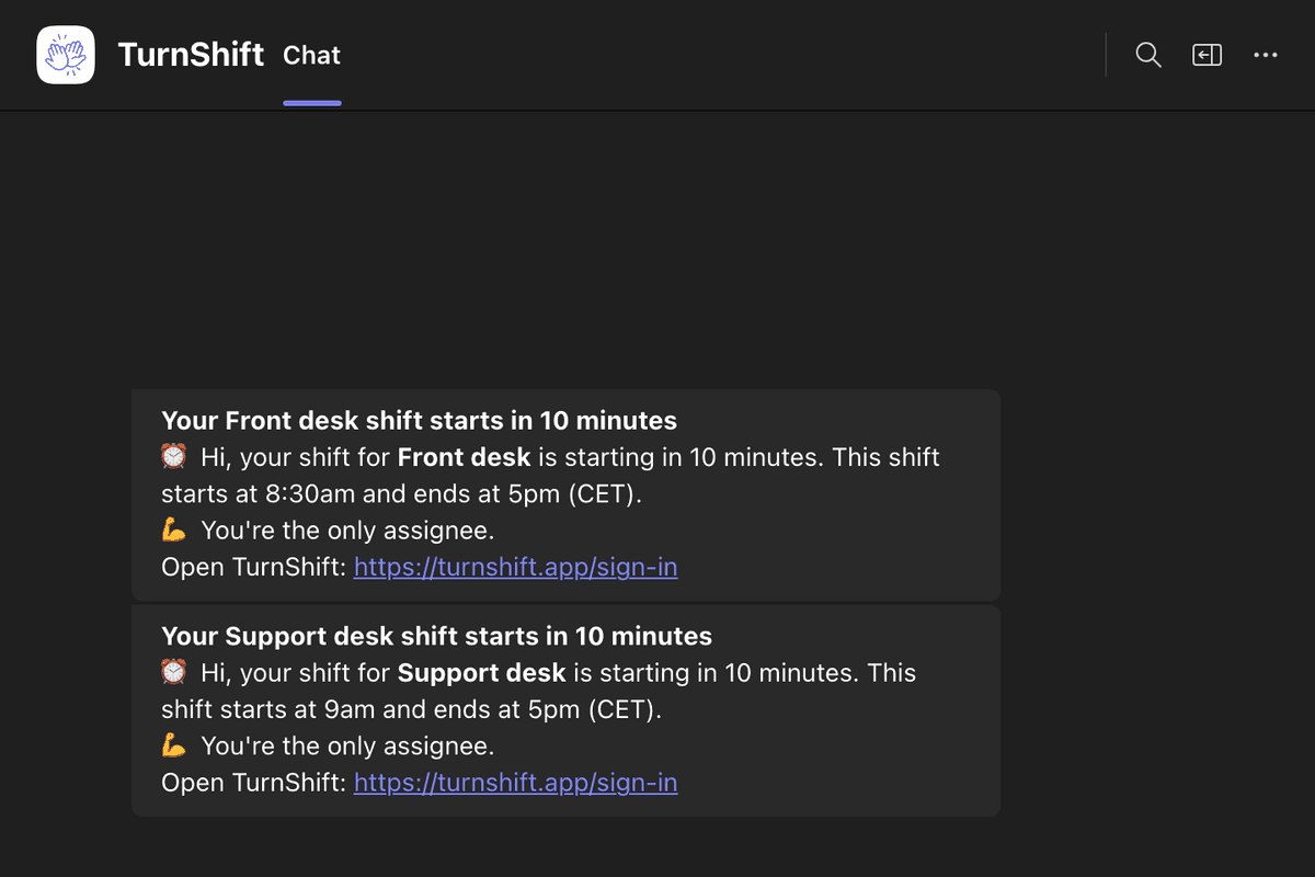 A person's chat with TurnShift in Microsoft Teams: their Support desk shift starts in 10 minutes