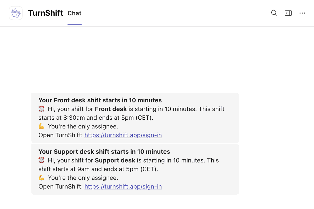 A person's chat with TurnShift in Microsoft Teams: their Support desk shift starts in 10 minutes