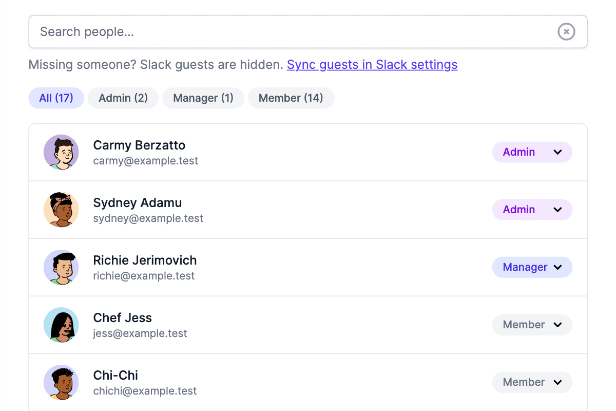 Screenshot of the TurnShift users page showing admin, manager and member roles