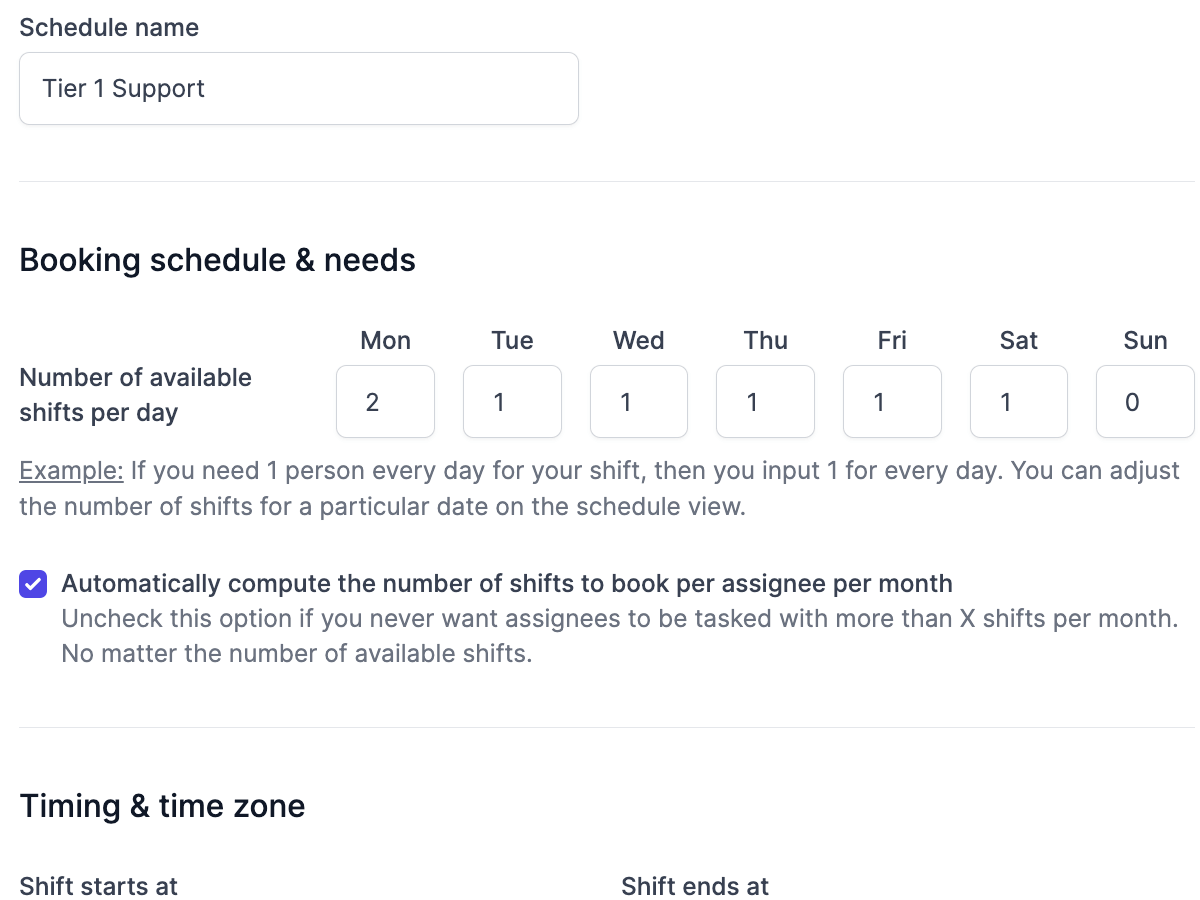 Screenshot of the shift schedule edit page