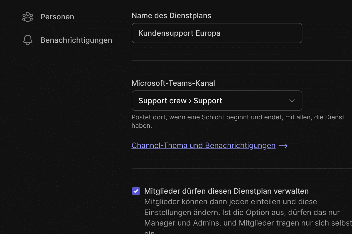 Die Einstellungen eines Dienstplans in TurnShift, sein Microsoft-Teams-Kanal auf Support crew › Support