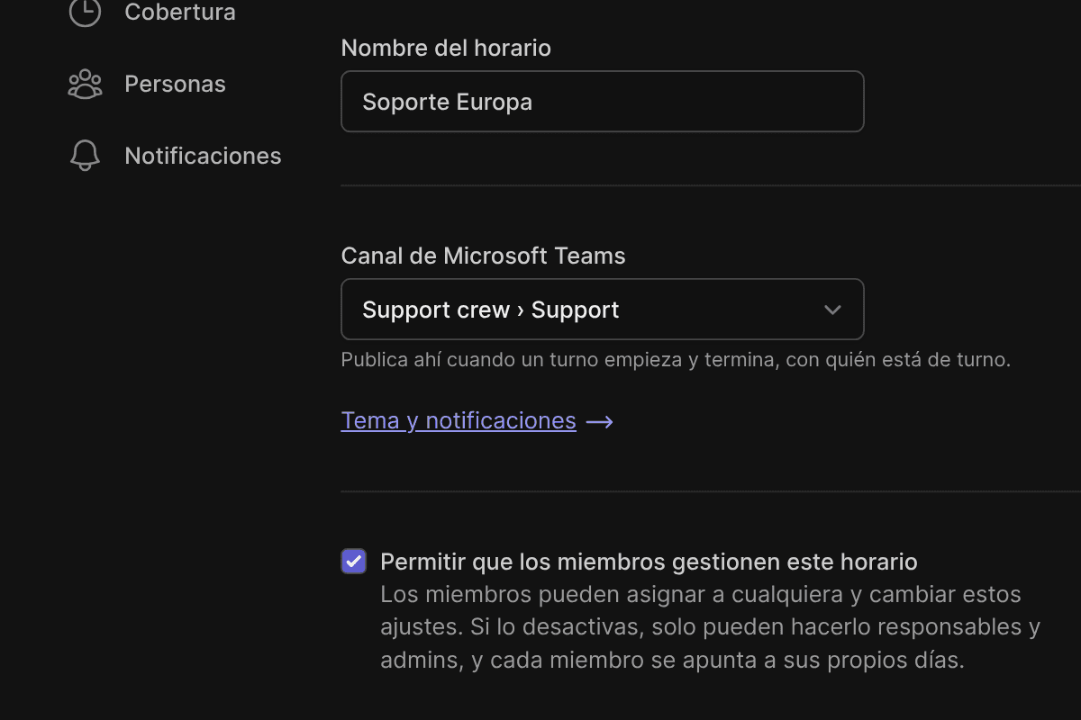 Los ajustes de un horario en TurnShift, con su canal de Microsoft Teams en Support crew › Support