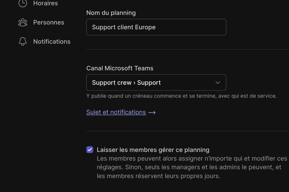 Les réglages d’un planning dans TurnShift, son canal Microsoft Teams sur Support crew › Support