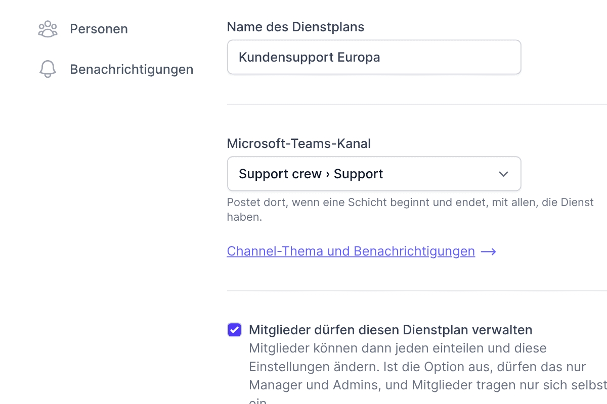 Die Einstellungen eines Dienstplans in TurnShift, sein Microsoft-Teams-Kanal auf Support crew › Support