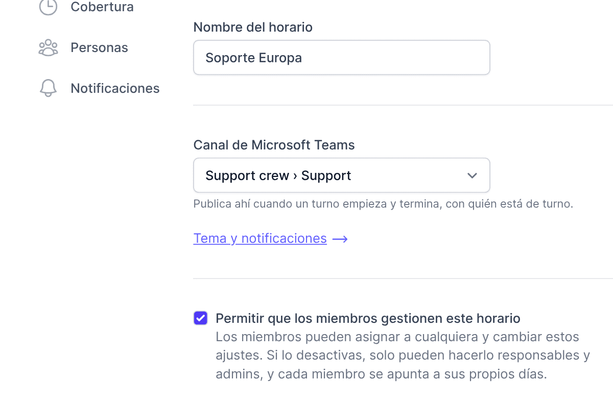 Los ajustes de un horario en TurnShift, con su canal de Microsoft Teams en Support crew › Support