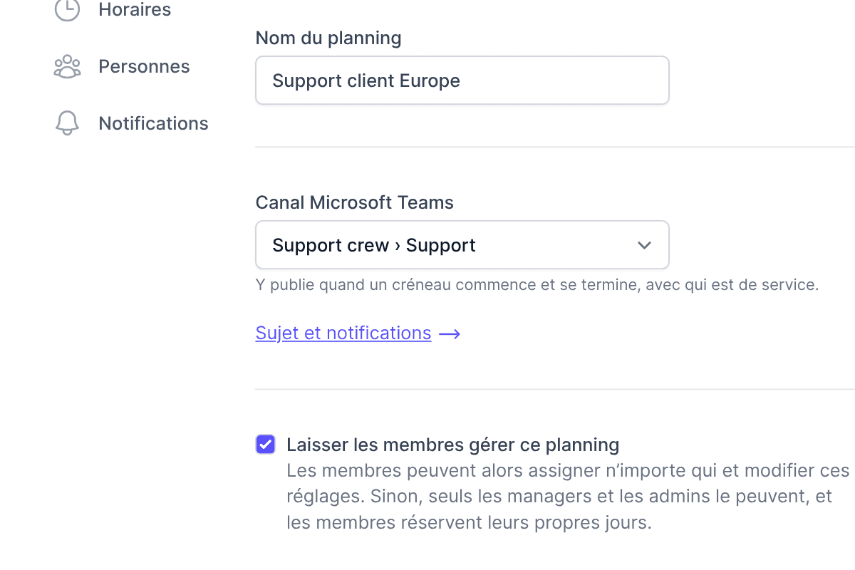 Les réglages d’un planning dans TurnShift, son canal Microsoft Teams sur Support crew › Support