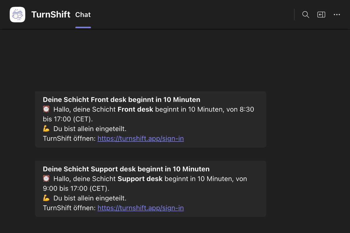Der Chat einer Person mit TurnShift in Microsoft Teams: Ihre Schicht Support desk beginnt in 10 Minuten