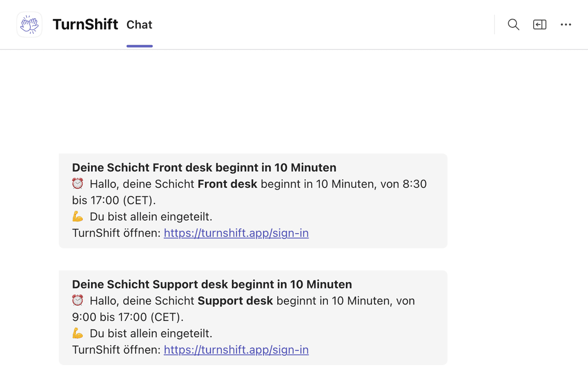 Der Chat einer Person mit TurnShift in Microsoft Teams: Ihre Schicht Support desk beginnt in 10 Minuten