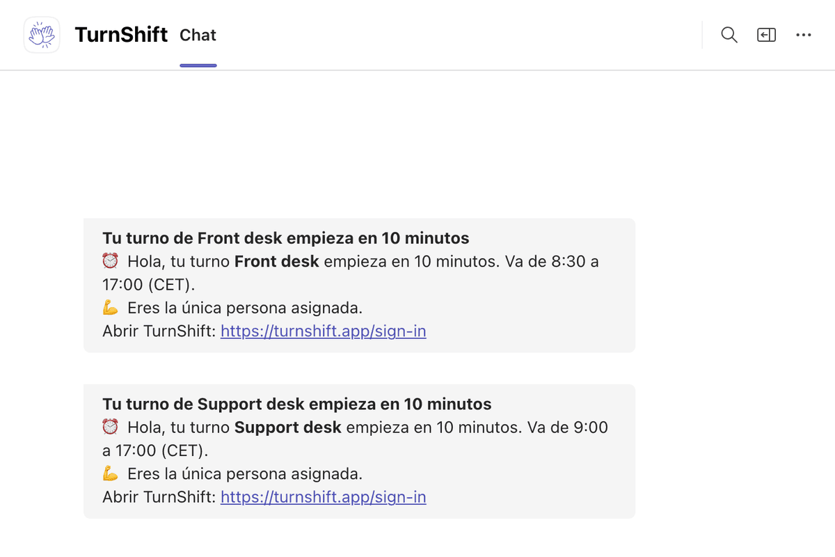 El chat de una persona con TurnShift en Microsoft Teams: su turno Support desk empieza en 10 minutos
