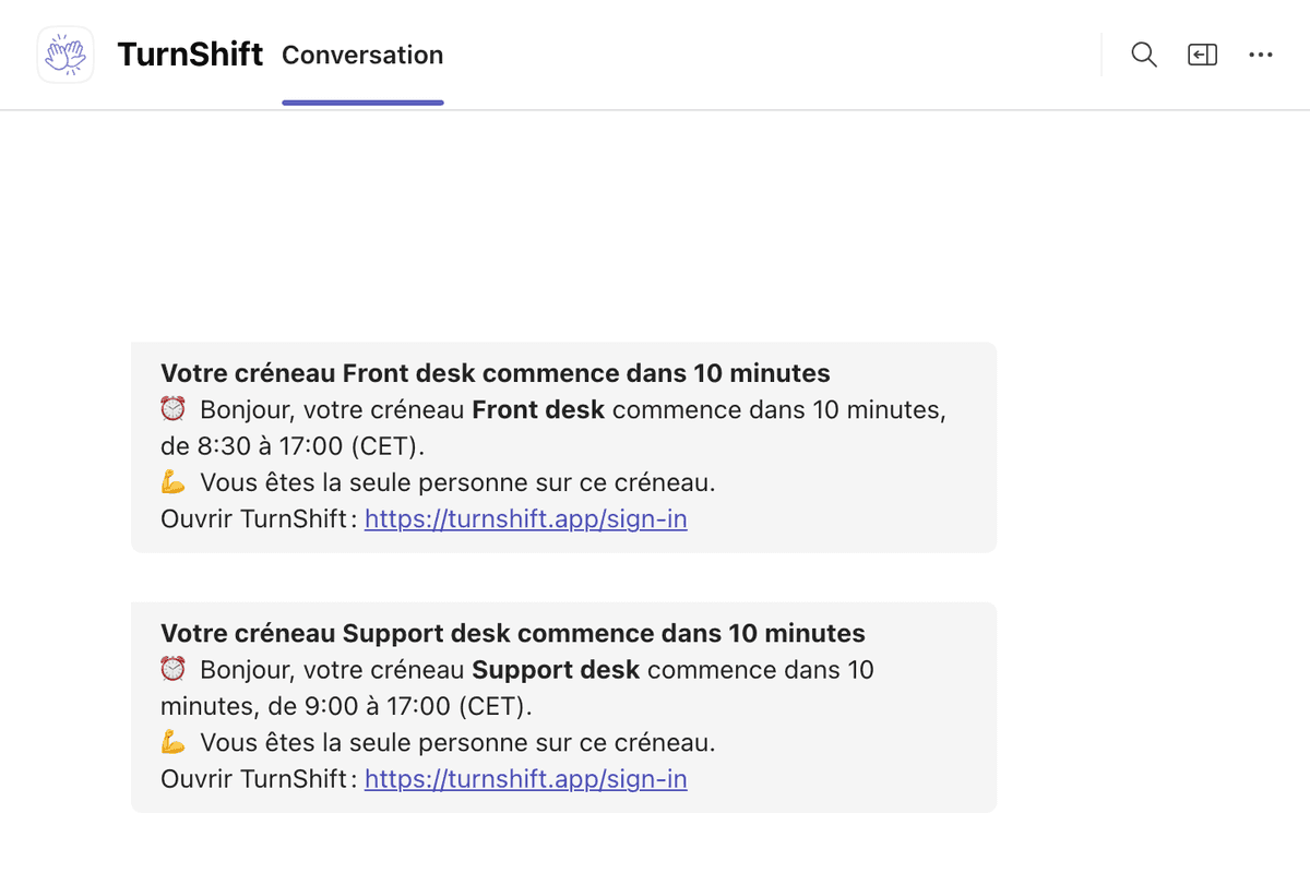 La conversation d’une personne avec TurnShift dans Microsoft Teams : son créneau Support desk commence dans 10 minutes