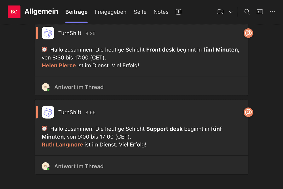 TurnShift in einem Microsoft-Teams-Kanal: Die heutige Schicht Support desk beginnt in fünf Minuten, Ruth Langmore wird erwähnt
