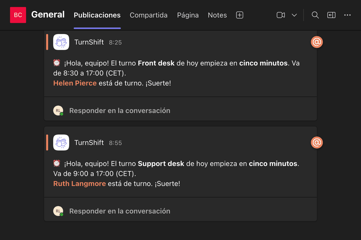 TurnShift en un canal de Microsoft Teams: el turno Support desk de hoy empieza en cinco minutos, con una mención a Ruth Langmore