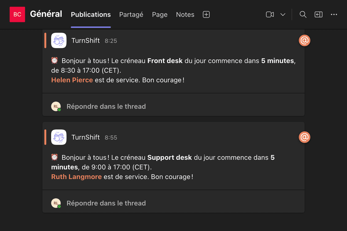 TurnShift dans un canal Microsoft Teams : le créneau Support desk du jour commence dans 5 minutes, Ruth Langmore mentionnée