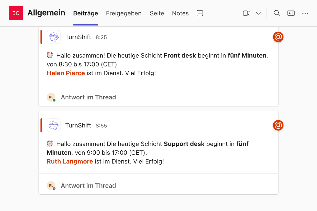 TurnShift in einem Microsoft-Teams-Kanal: Die heutige Schicht Support desk beginnt in fünf Minuten, Ruth Langmore wird erwähnt