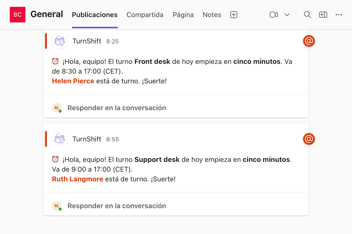 TurnShift en un canal de Microsoft Teams: el turno Support desk de hoy empieza en cinco minutos, con una mención a Ruth Langmore