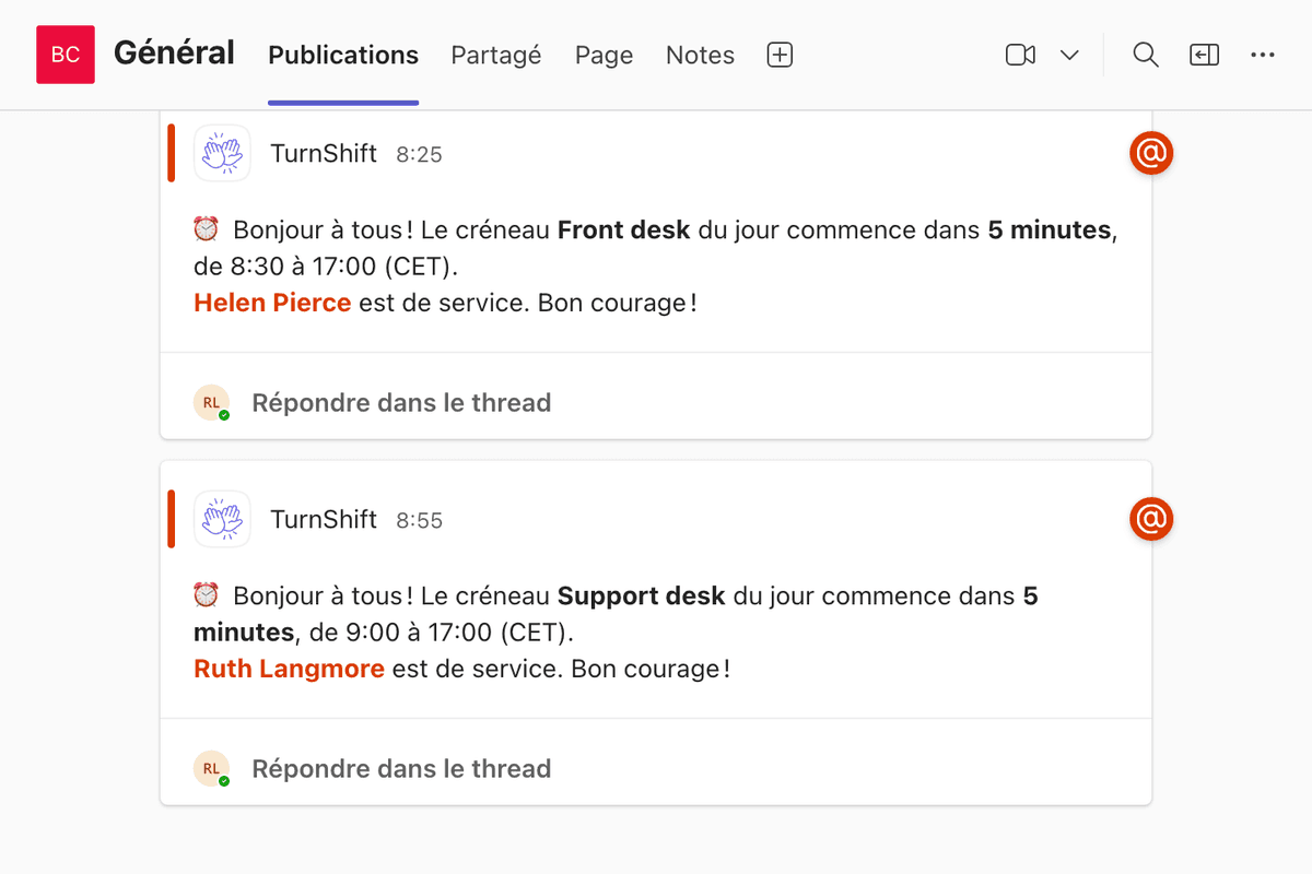 TurnShift dans un canal Microsoft Teams : le créneau Support desk du jour commence dans 5 minutes, Ruth Langmore mentionnée