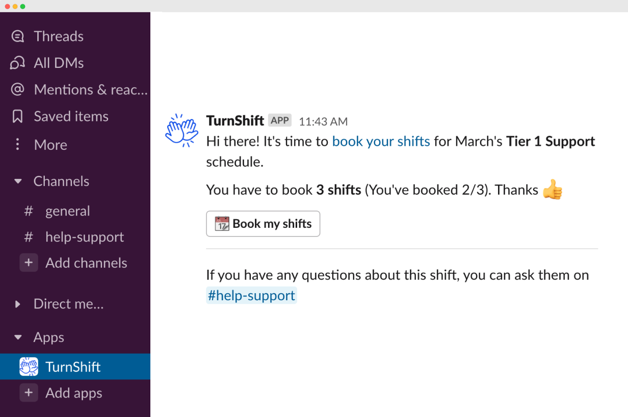 Screenshot of a booking reminder Slack notification sent by the TurnShift Slack application