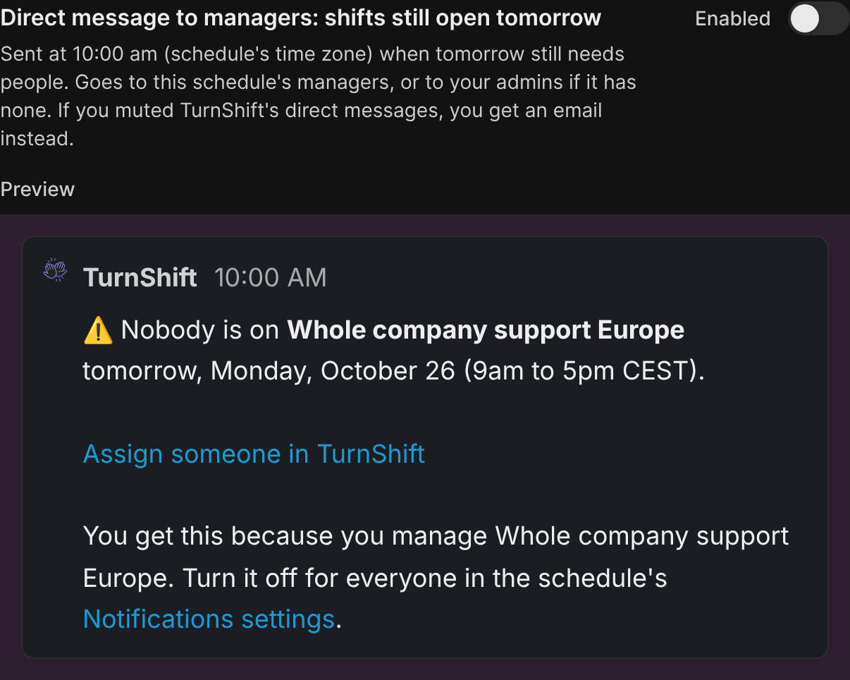 Der Schalter für offene Schichten in den Benachrichtigungen eines Dienstplans, mit der Slack-Nachricht, die Manager bekommen
