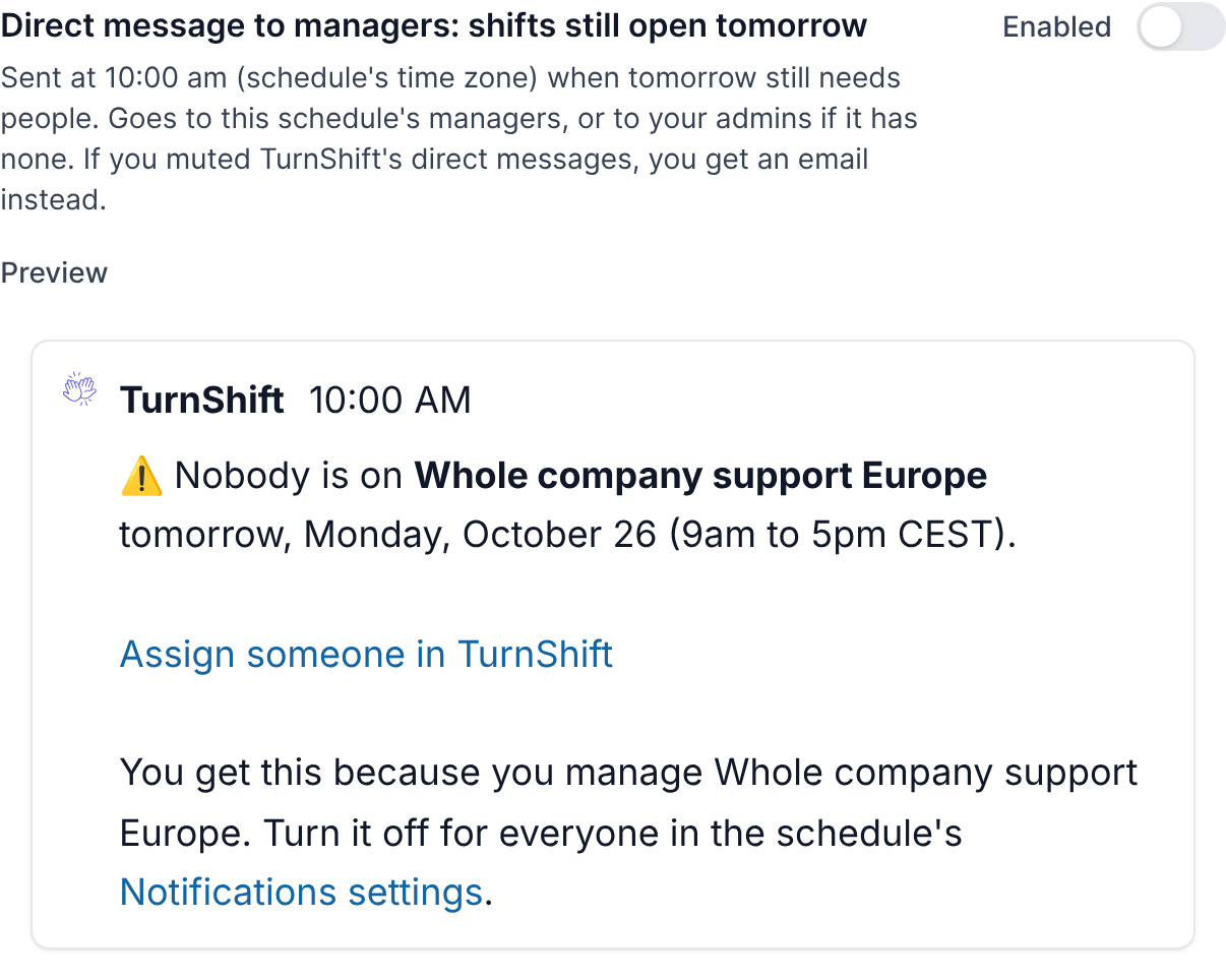 Der Schalter für offene Schichten in den Benachrichtigungen eines Dienstplans, mit der Slack-Nachricht, die Manager bekommen