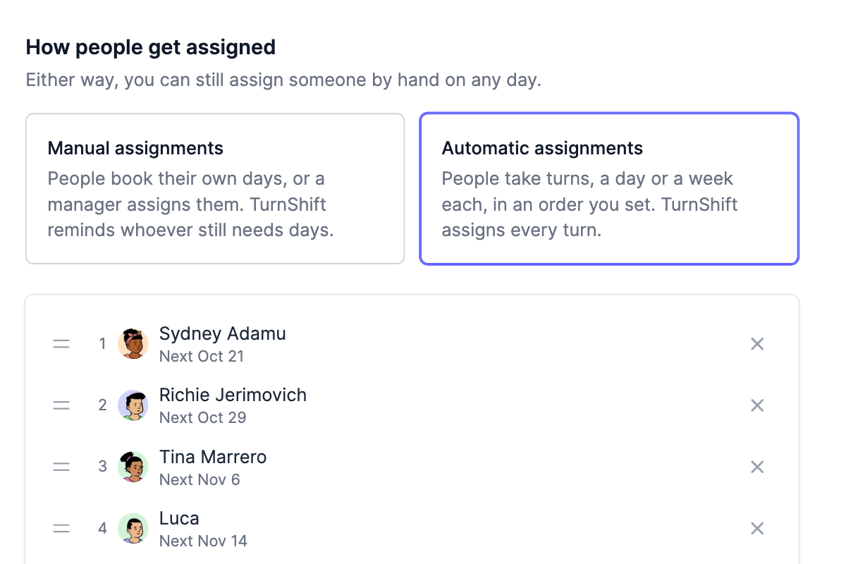 A rotation in a schedule's settings, with each person's days and who is next