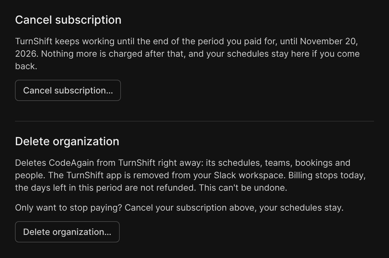 The Cancel subscription and Delete organization sections of the billing page