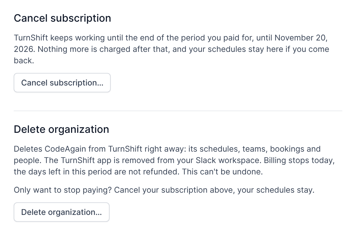 The Cancel subscription and Delete organization sections of the billing page