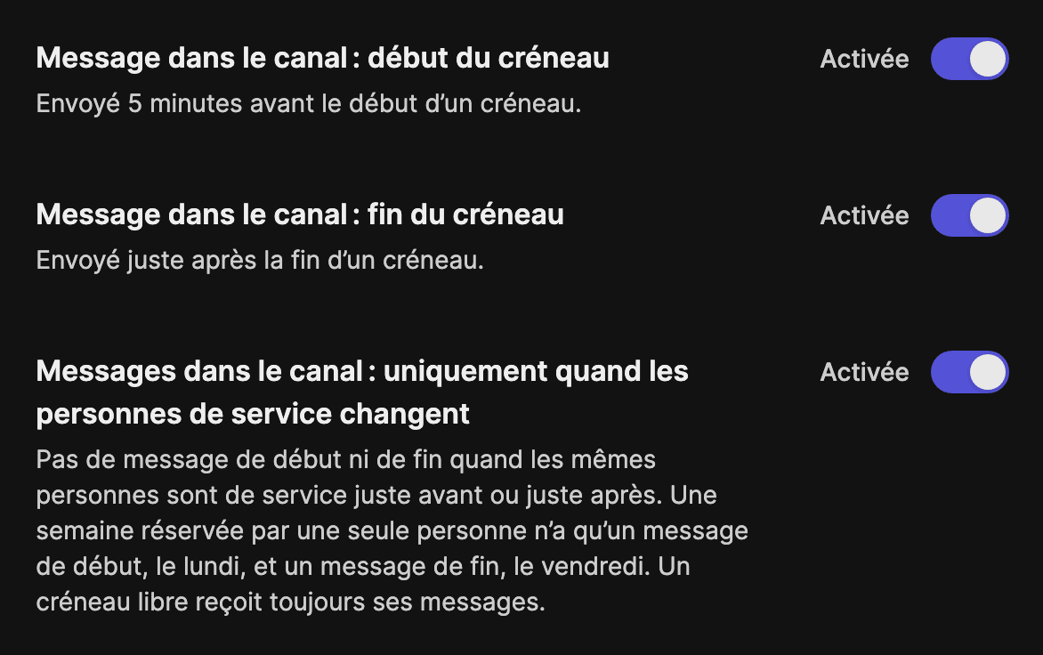 Le réglage « uniquement quand les personnes de service changent » dans les notifications d’un planning