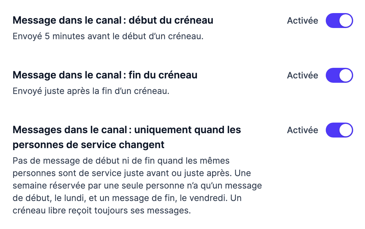 Le réglage « uniquement quand les personnes de service changent » dans les notifications d’un planning