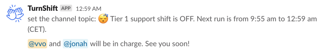 Slack channel topic updated by TurnShift when a shift ends