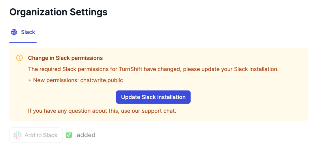 Slack permissions listed in the organization settings