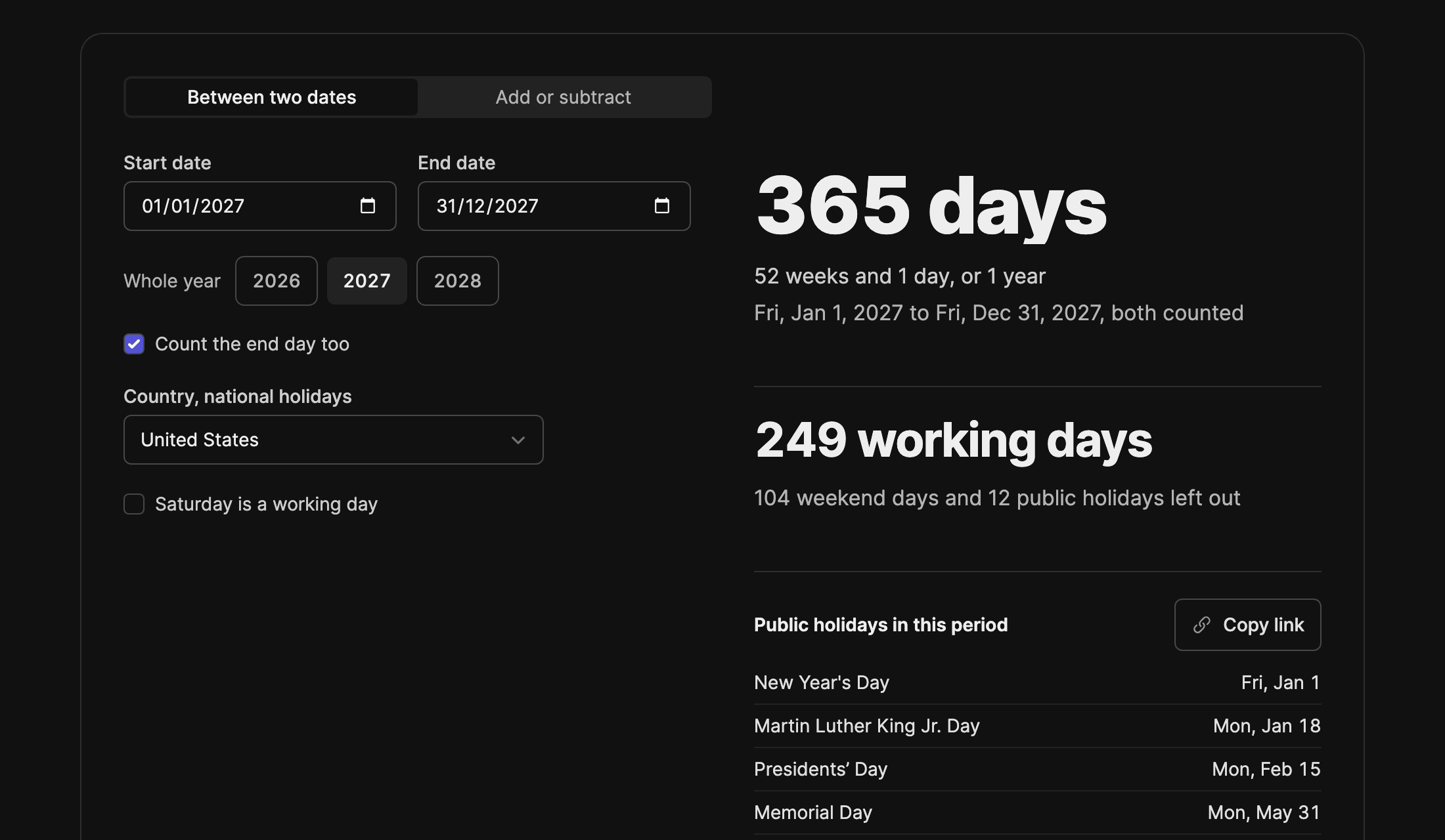Der Tagerechner mit dem Jahr 2027 für die USA: 365 Tage und 249 Arbeitstage