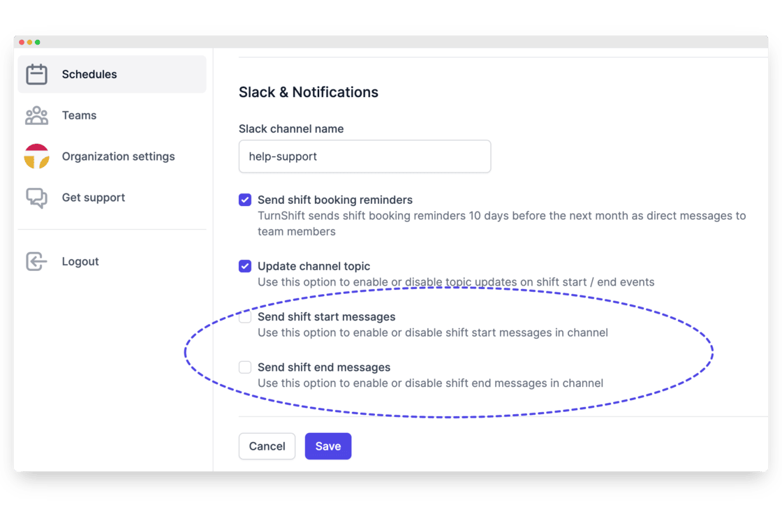 Shift start and end channel messages settings