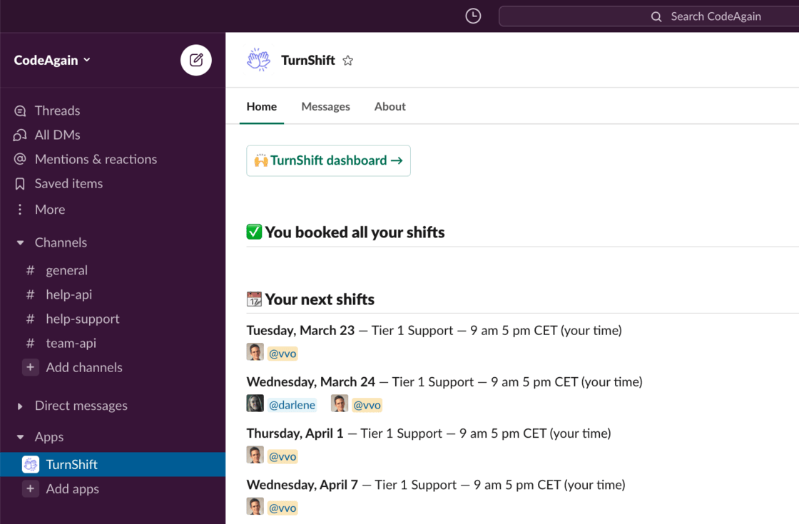 The TurnShift home tab in Slack