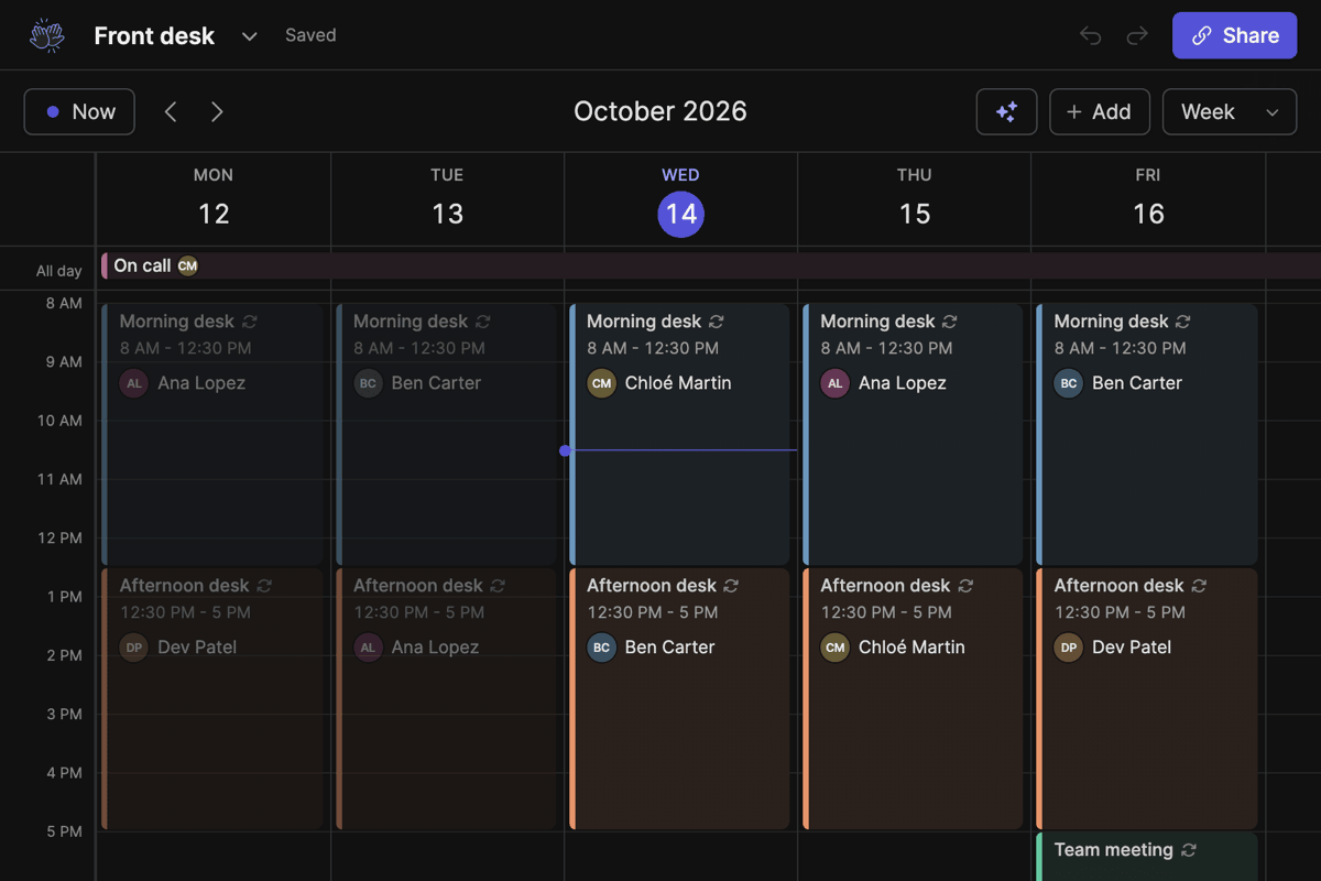 A week of front desk shifts on the free team calendar