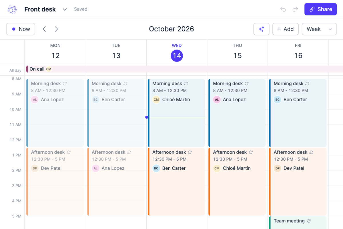 A week of front desk shifts on the free team calendar