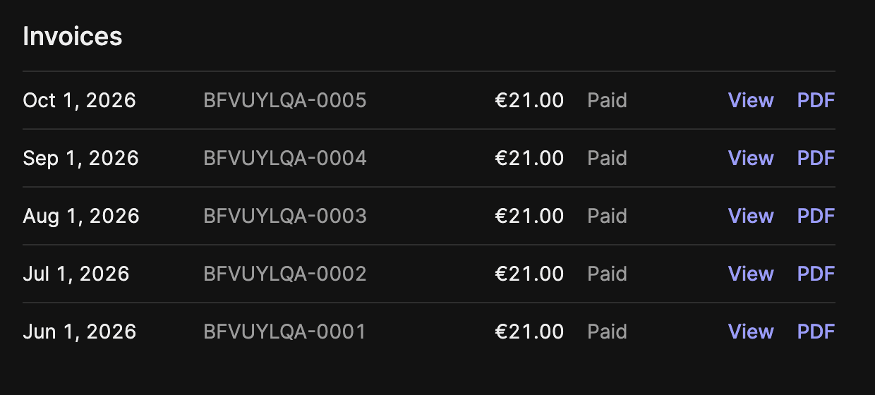 The Invoices list on the billing page, with View and PDF links