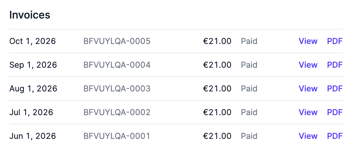 The Invoices list on the billing page, with View and PDF links