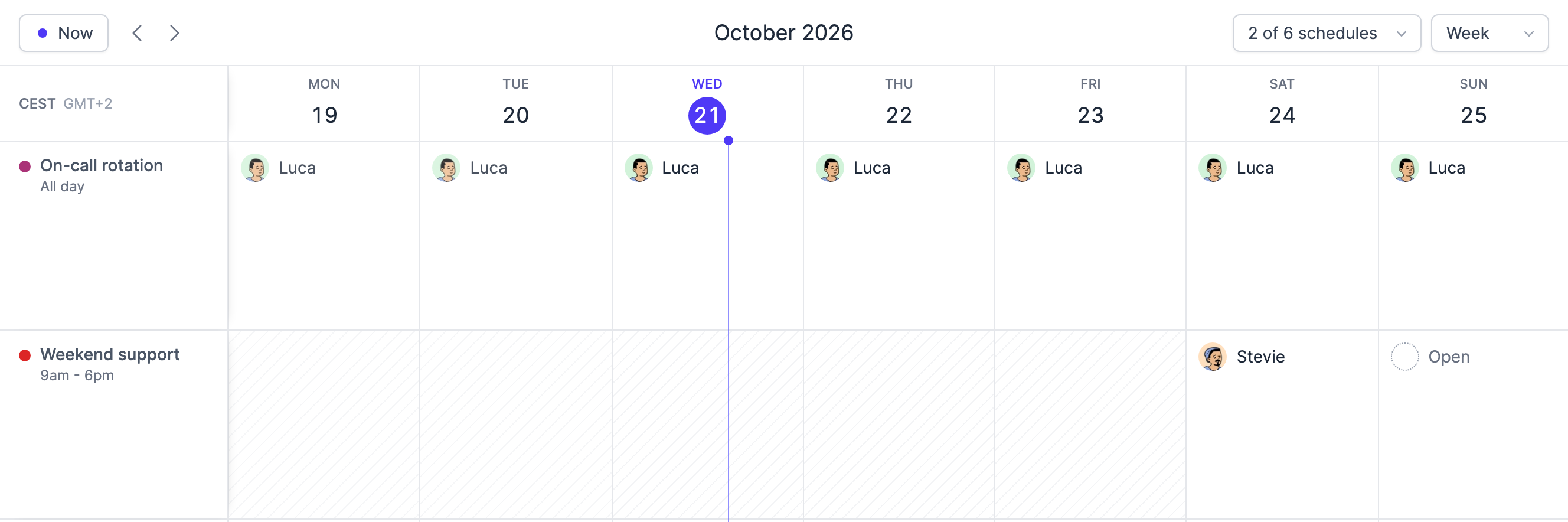 The TurnShift calendar for the week of October 19: Luca on the on-call rotation every day, and Weekend support with Stevie on Saturday and Sunday still open
