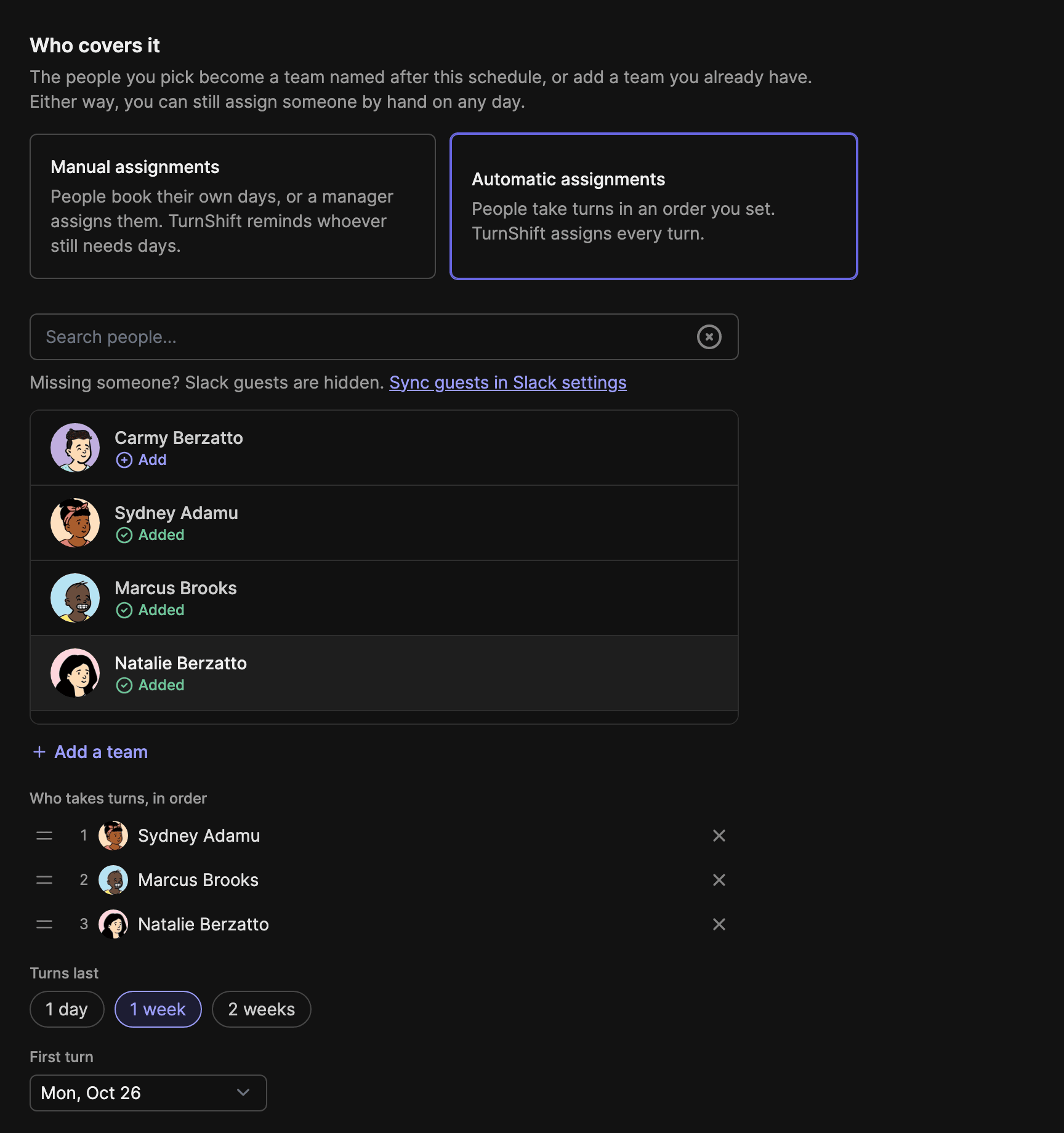 The Who covers it part of the New schedule page, with people picked and Automatic assignments chosen